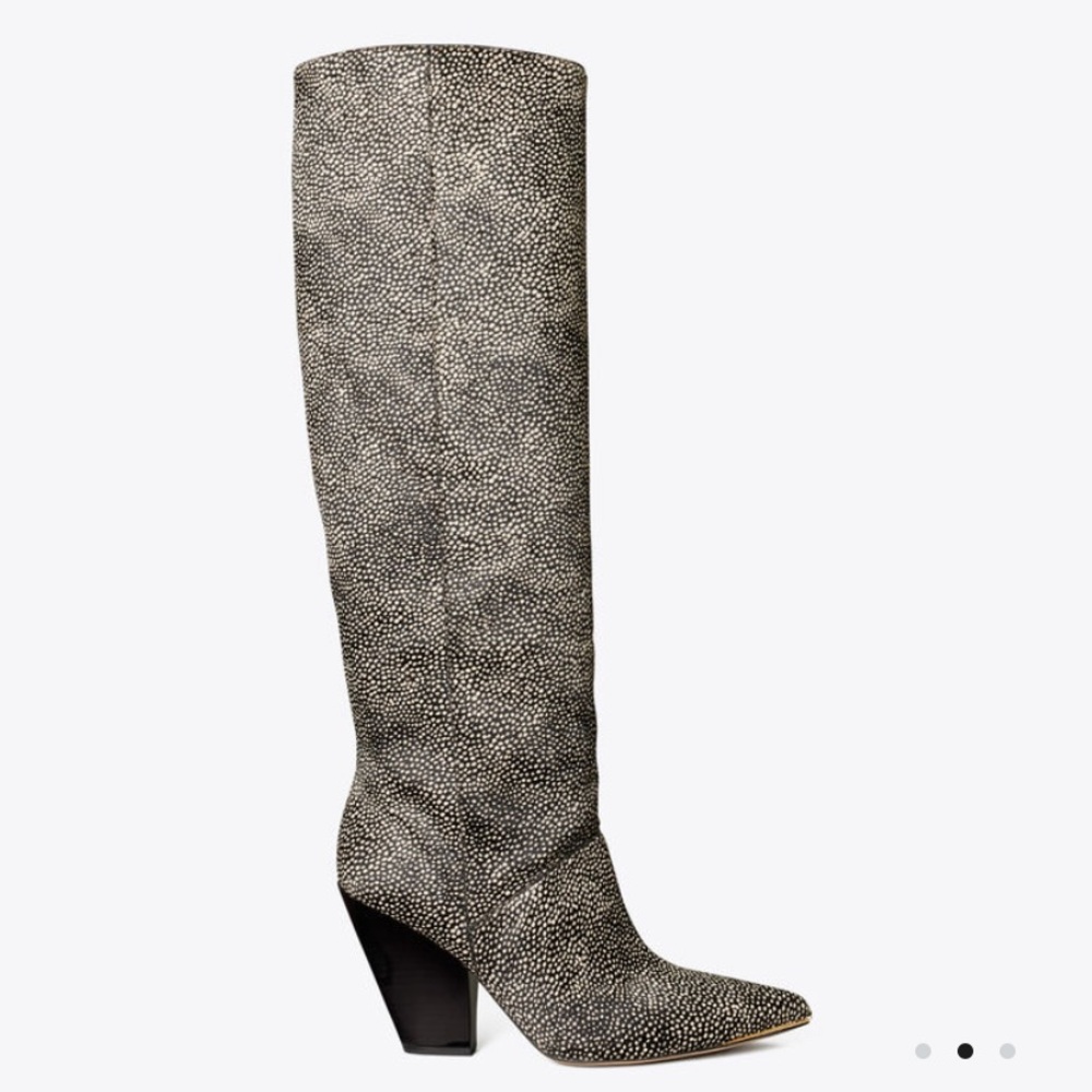TORY BURCH LILA HAIRCALF KNEE BOOT IN SPOTTED BLACK/WHITE PRINT SIZE US 8 & 8.5